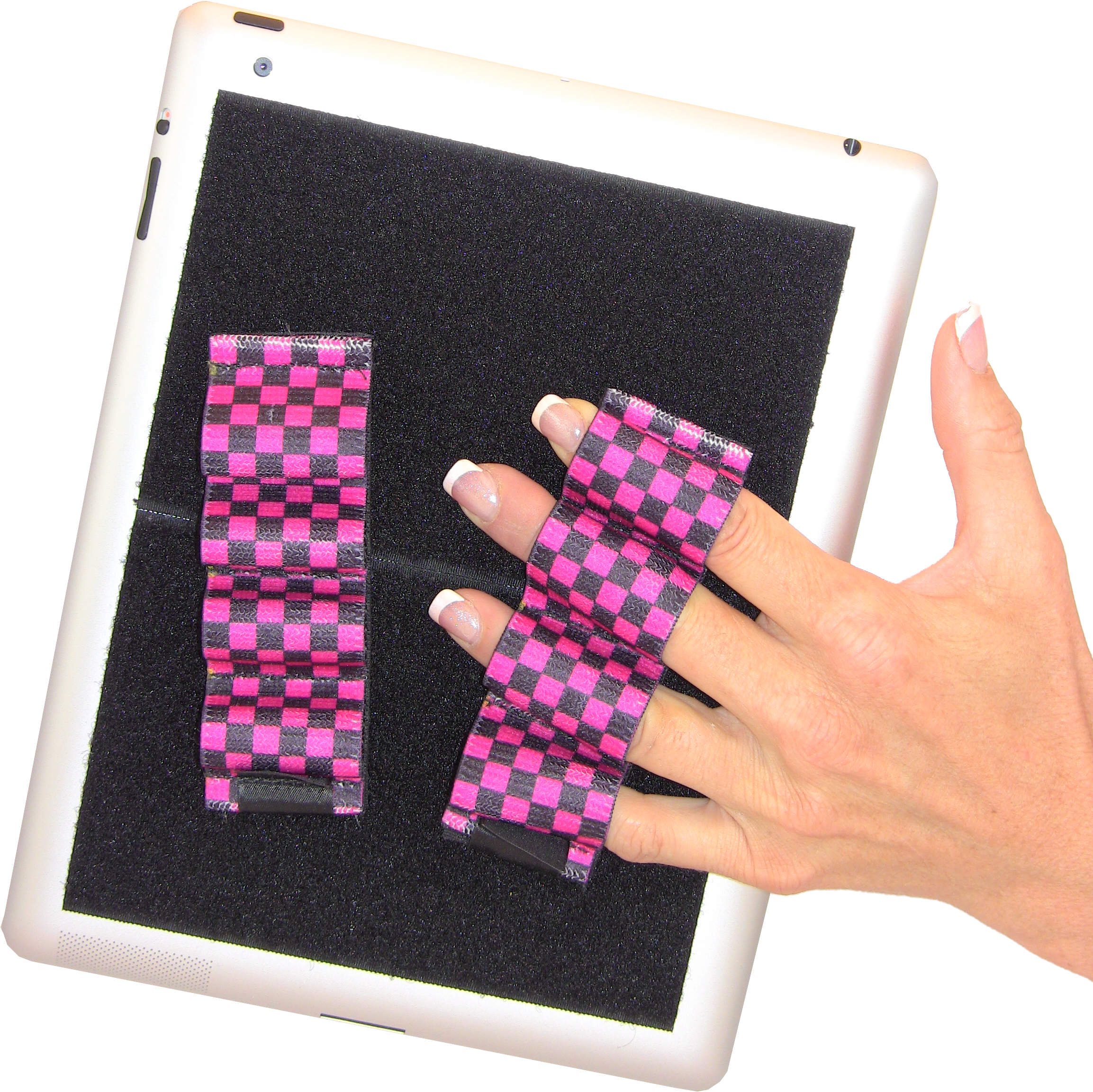 Heavy Duty 4-Loop Grips for iPad or Large Tablet (x2) - Black & Pink Checkers